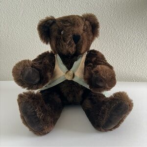 Vtg Vermont Teddy Bear Made in USA 16" Jointed Dark Brown Bear w/ Vest